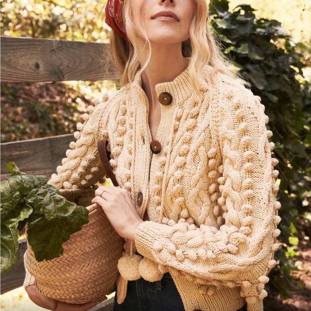 Doen pomme organic cotton bobble cardigan in cream. Handmade, size medium